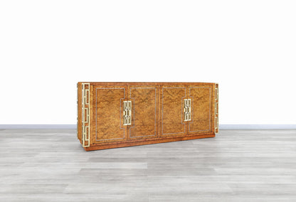 Vintage Burl Wood and Brass Credenza by Mastercraft