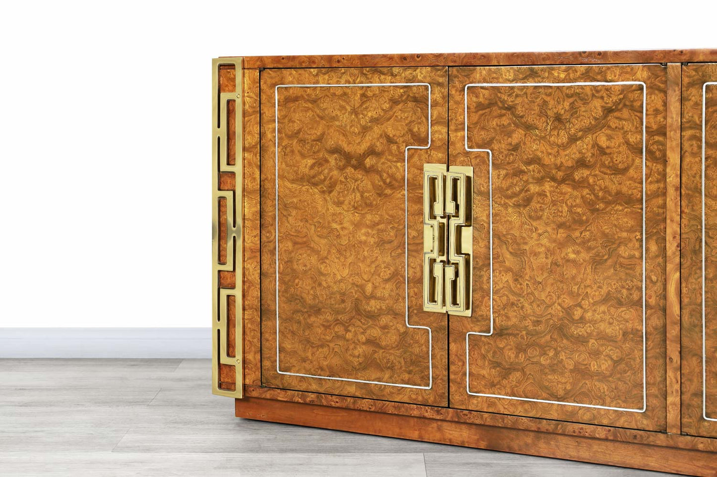 Vintage Burl Wood and Brass Credenza by Mastercraft