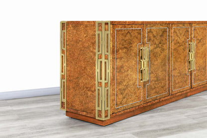 Vintage Burl Wood and Brass Credenza by Mastercraft