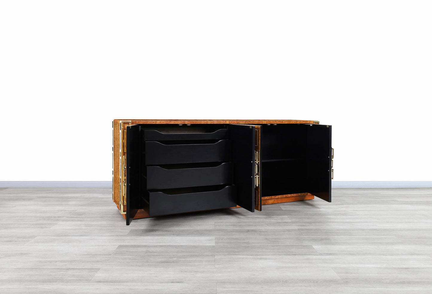 Vintage Burl Wood and Brass Credenza by Mastercraft