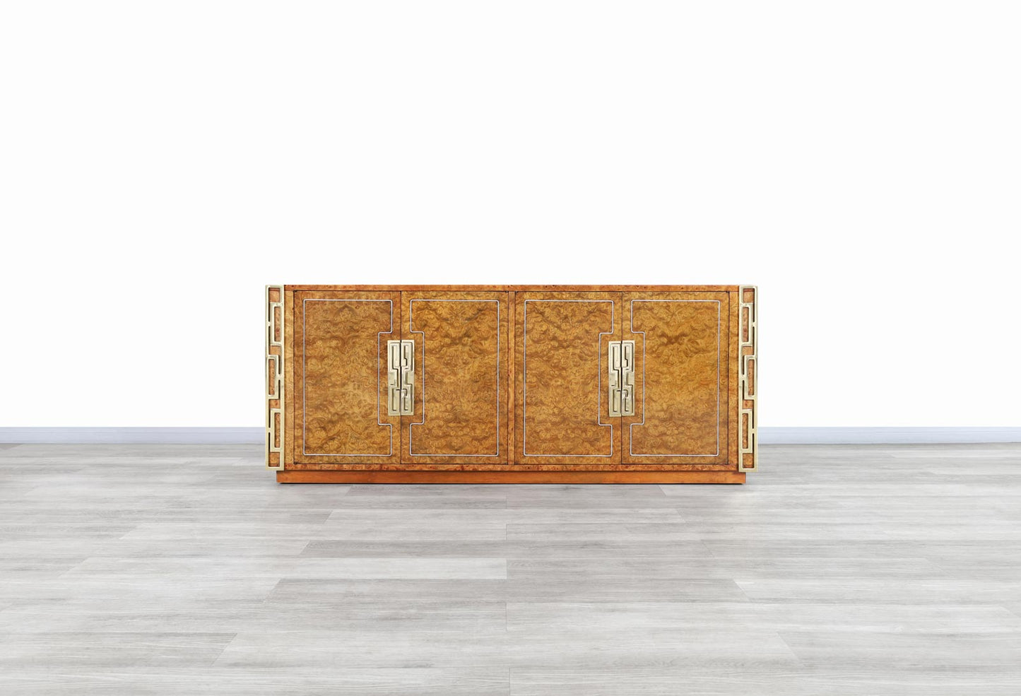 Vintage Burl Wood and Brass Credenza by Mastercraft