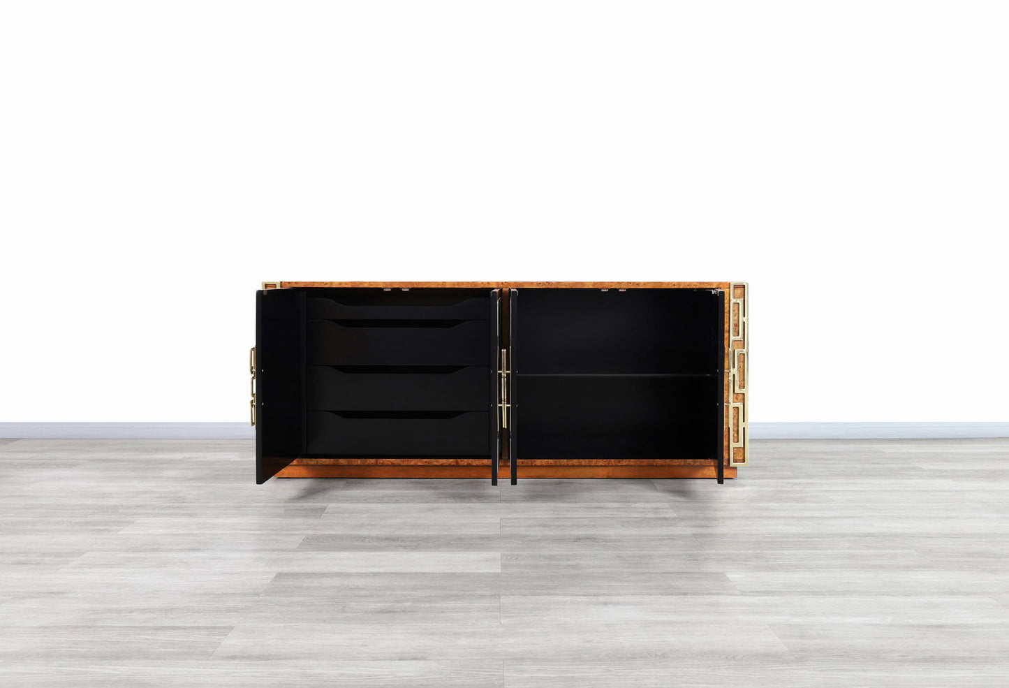 Vintage Burl Wood and Brass Credenza by Mastercraft