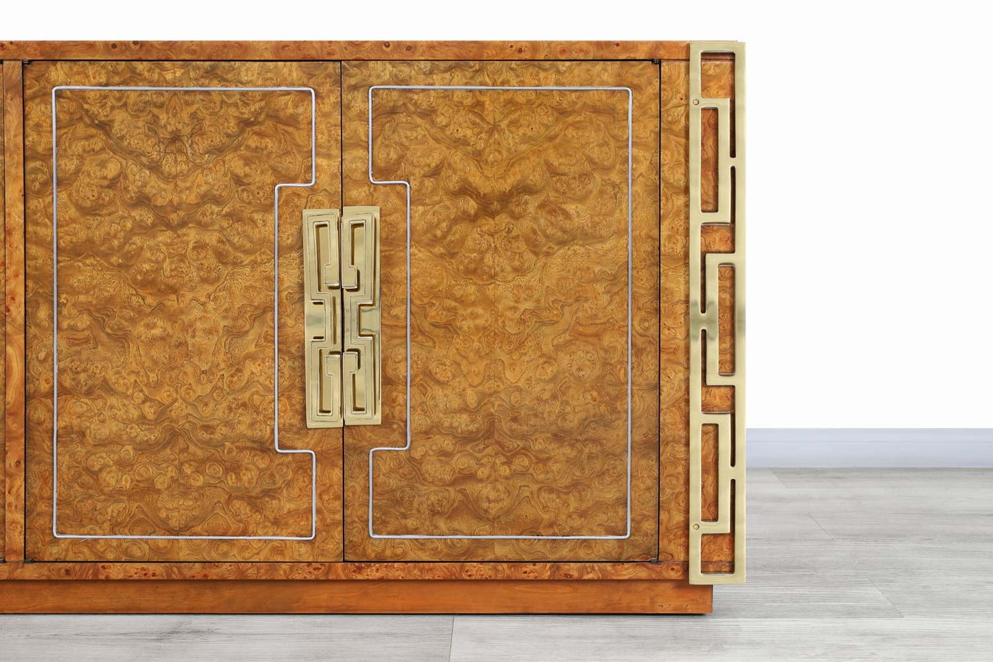 Vintage Burl Wood and Brass Credenza by Mastercraft