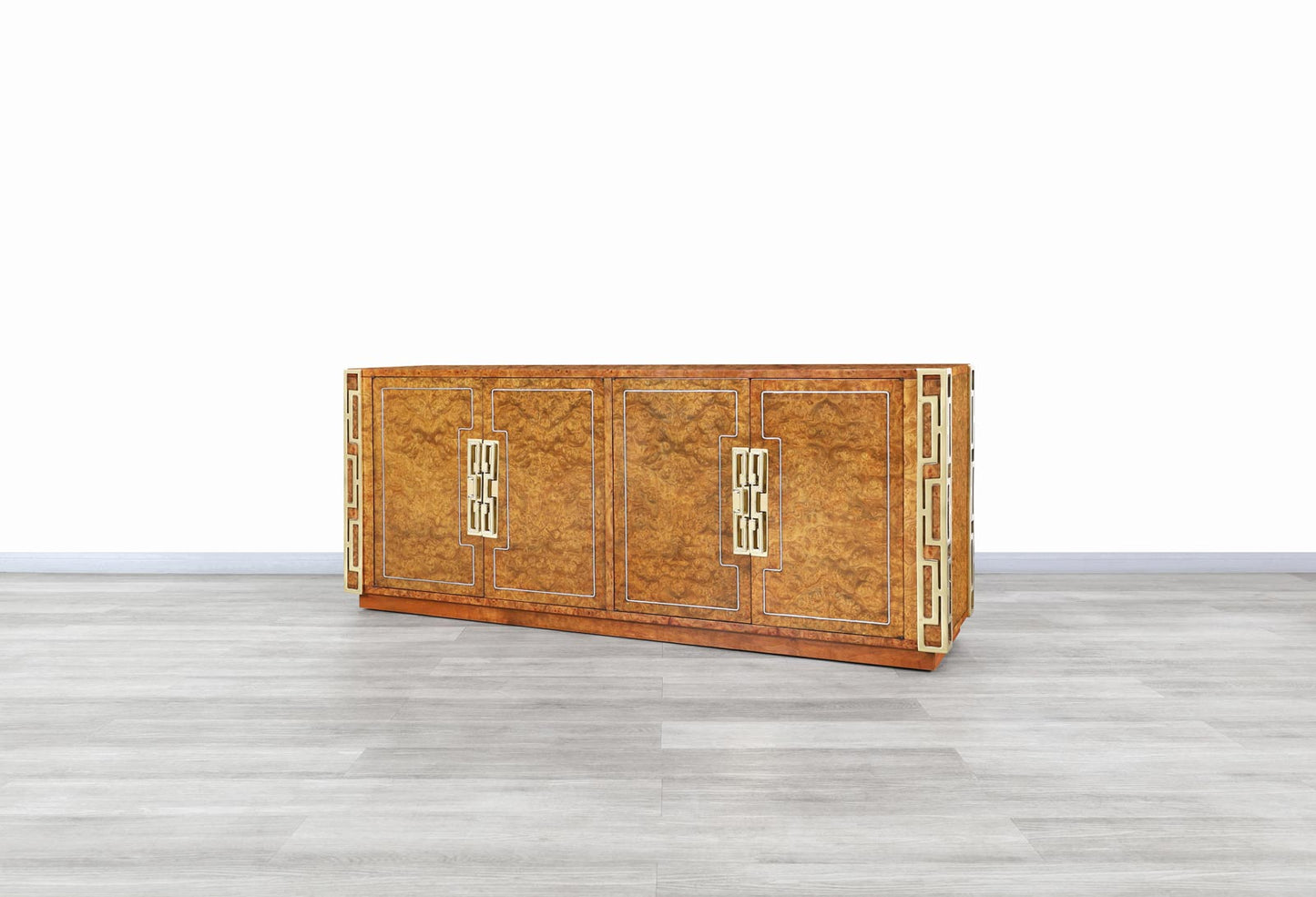 Vintage Burl Wood and Brass Credenza by Mastercraft