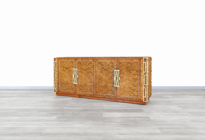 Vintage Burl Wood and Brass Credenza by Mastercraft