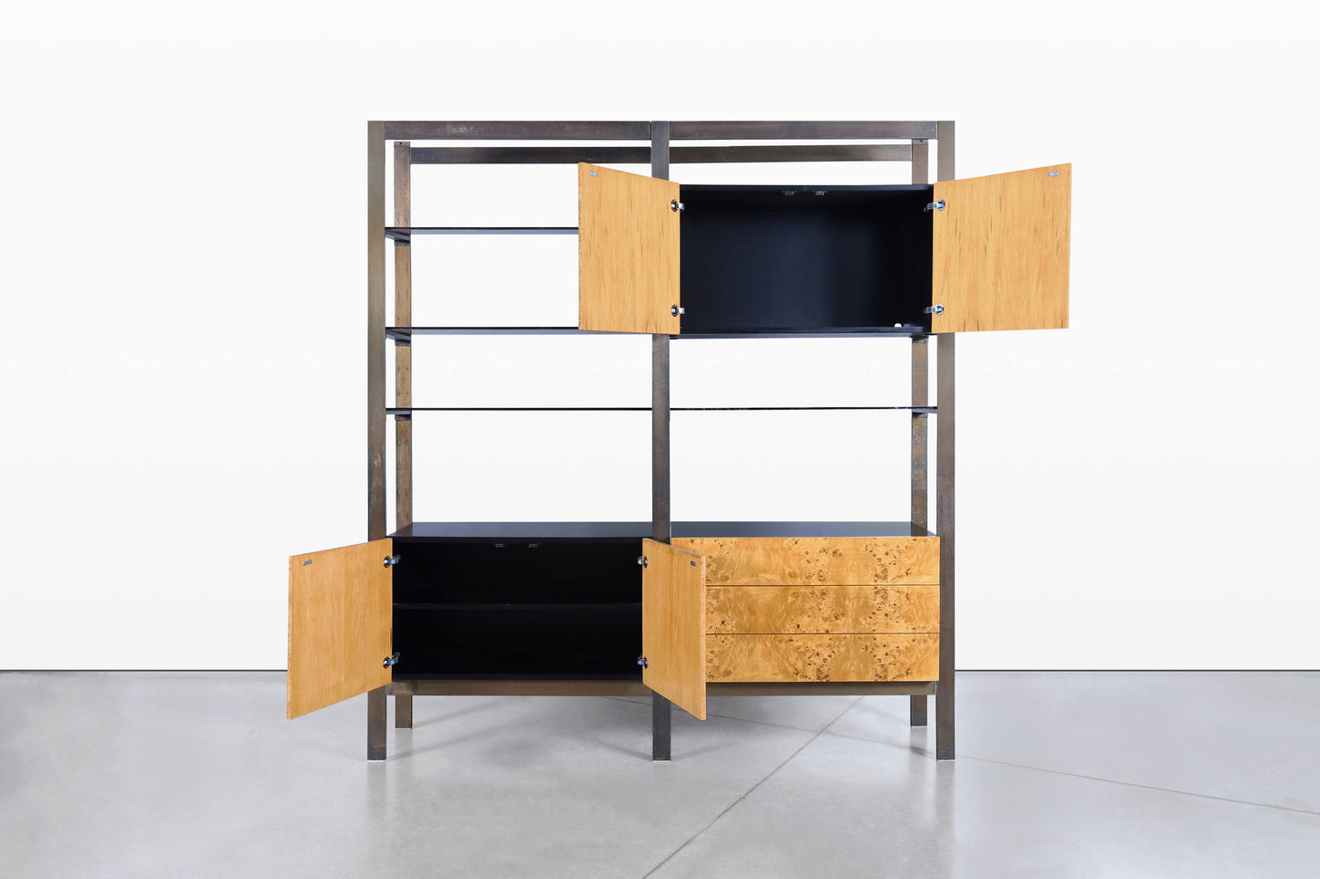 Vintage Burl Wood and Bronze Freestanding Wall Unit by John Stuart