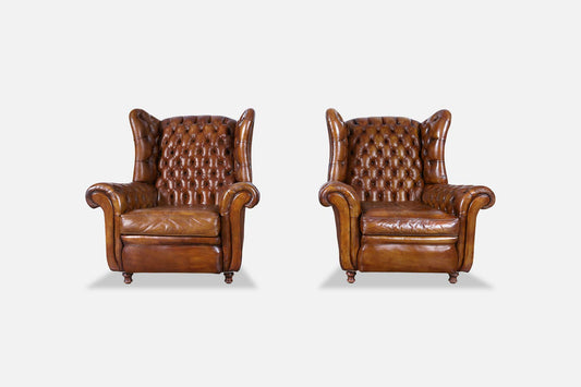 Vintage English Wingback Leather Chesterfield Lounge Chairs