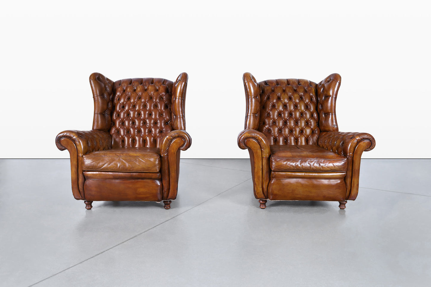 Vintage English Wingback Leather Chesterfield Lounge Chairs
