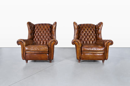 Vintage English Wingback Leather Chesterfield Lounge Chairs