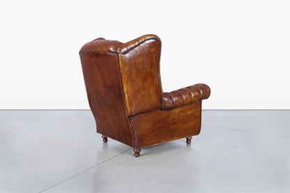 Vintage English Wingback Leather Chesterfield Lounge Chairs