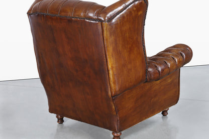 Vintage English Wingback Leather Chesterfield Lounge Chairs
