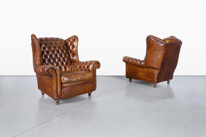 Vintage English Wingback Leather Chesterfield Lounge Chairs