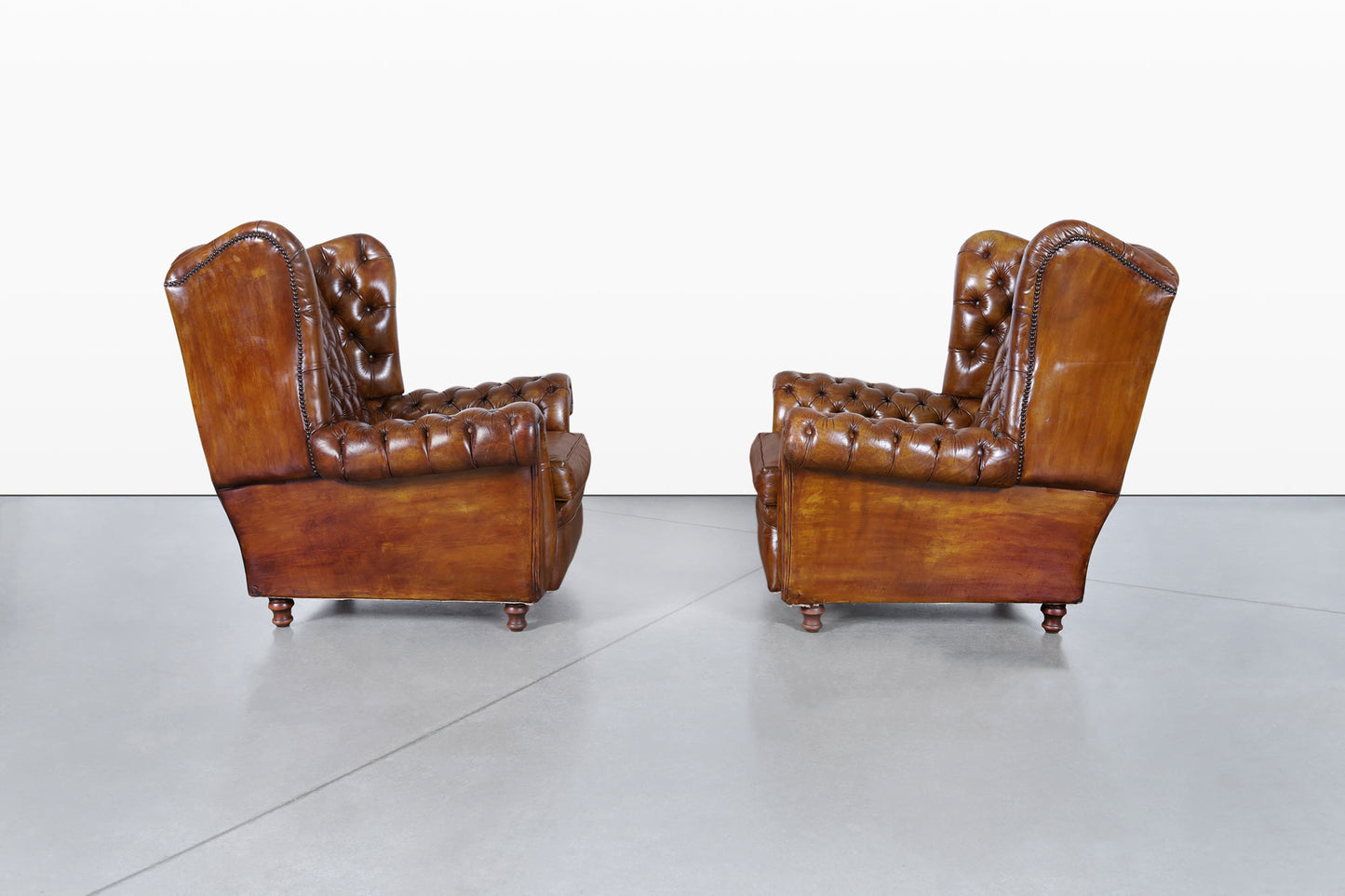Vintage English Wingback Leather Chesterfield Lounge Chairs