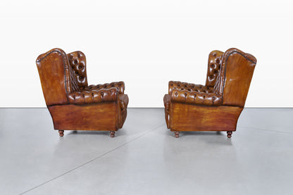 Vintage English Wingback Leather Chesterfield Lounge Chairs