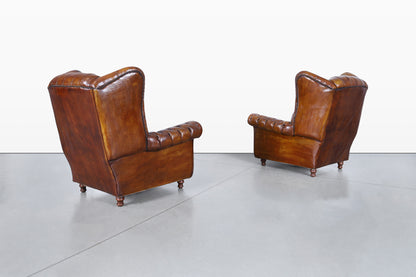 Vintage English Wingback Leather Chesterfield Lounge Chairs