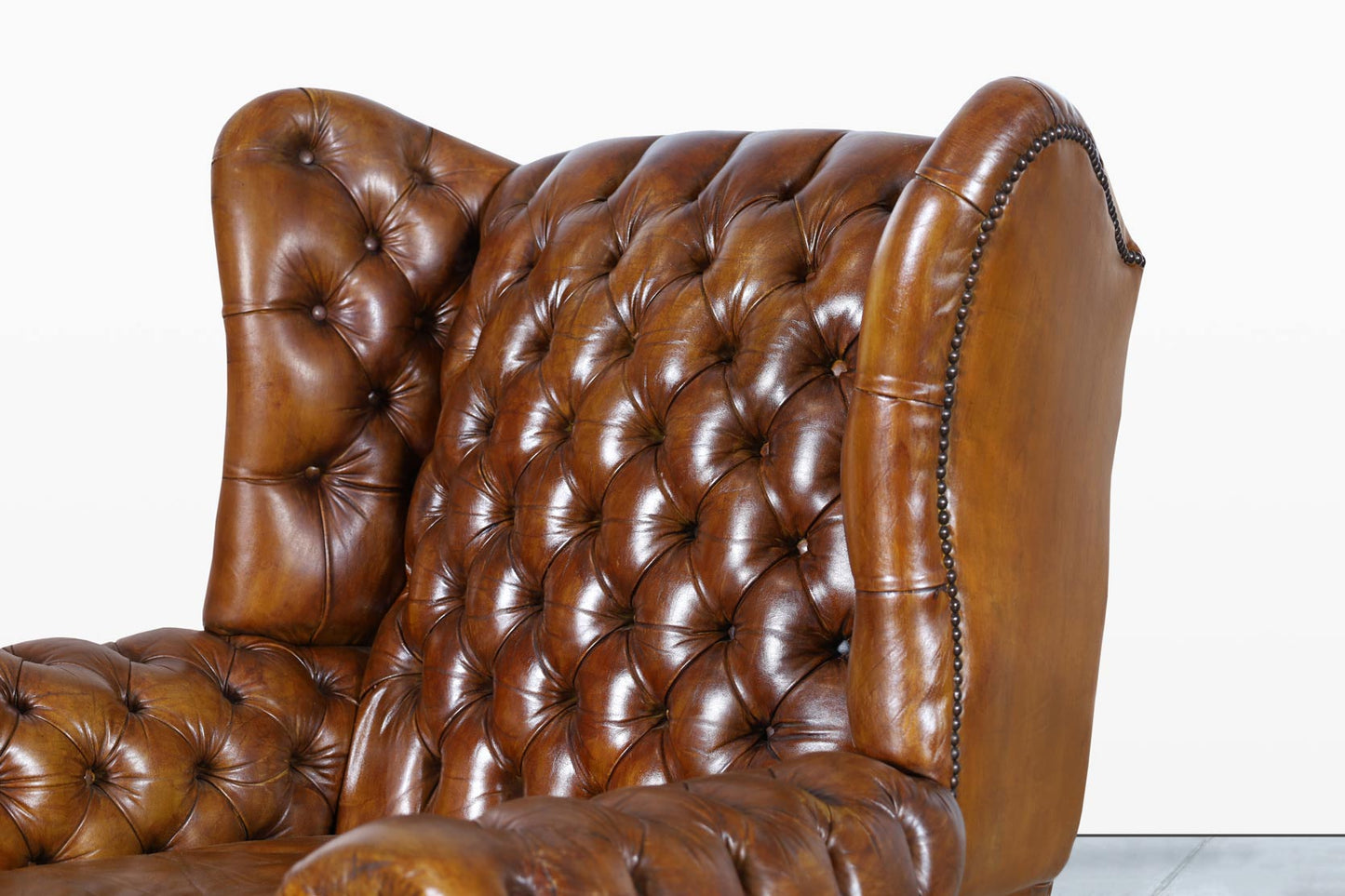Vintage English Wingback Leather Chesterfield Lounge Chairs