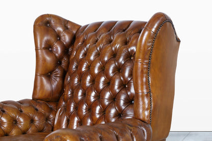 Vintage English Wingback Leather Chesterfield Lounge Chairs