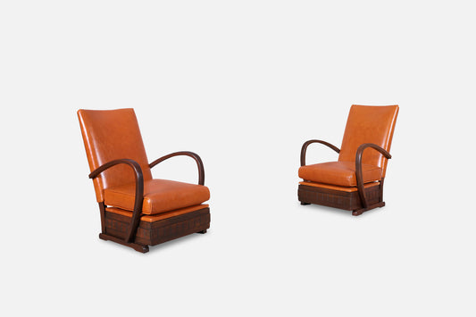 Vintage French Art Deco Leather and Walnut Lounge Chairs, 1940s
