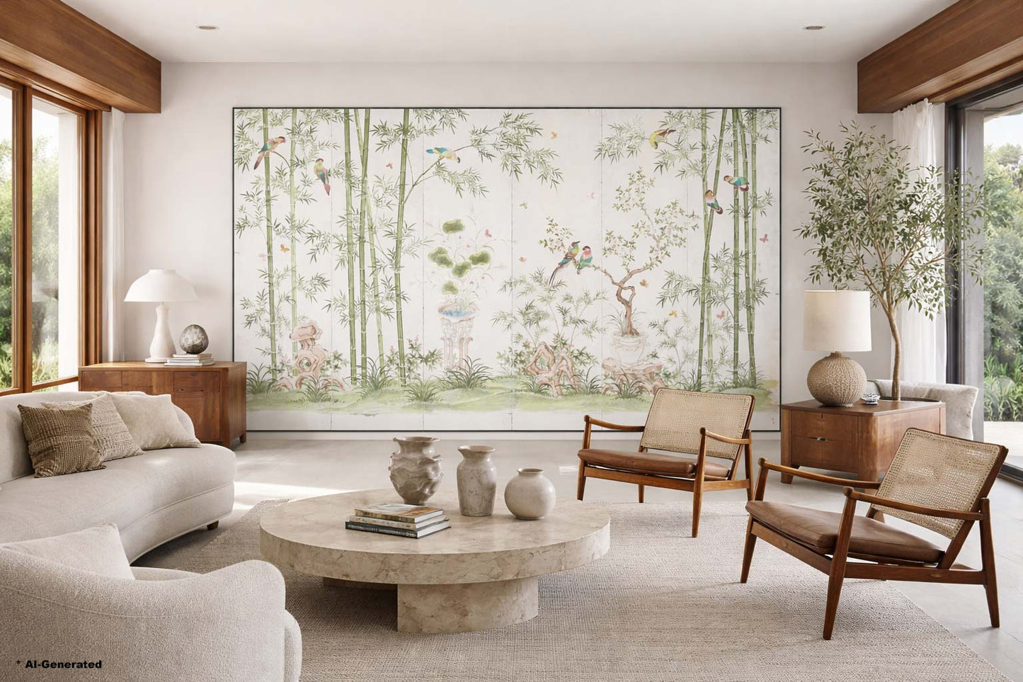 Vintage Hand-Painted Japanese Garden Folding Screen Panels by Robert Crowder