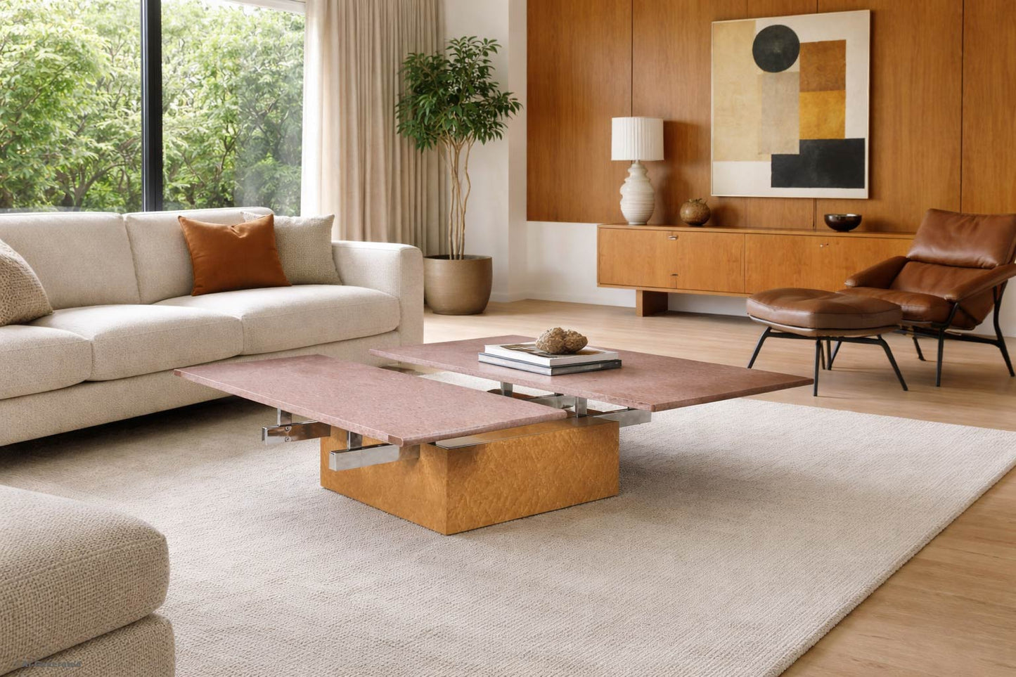 Vintage Italian Adjustable Maple and Granite Coffee Table by Giovanni Offredi for Saporiti