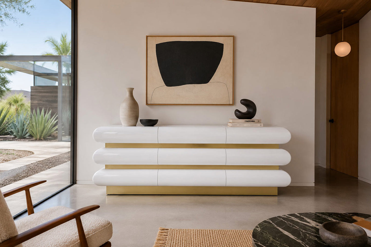 Vintage Italian Postmodern White Lacquered and Brass Dresser