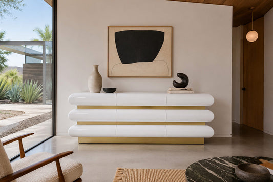 Vintage Italian Postmodern White Lacquered and Brass Dresser