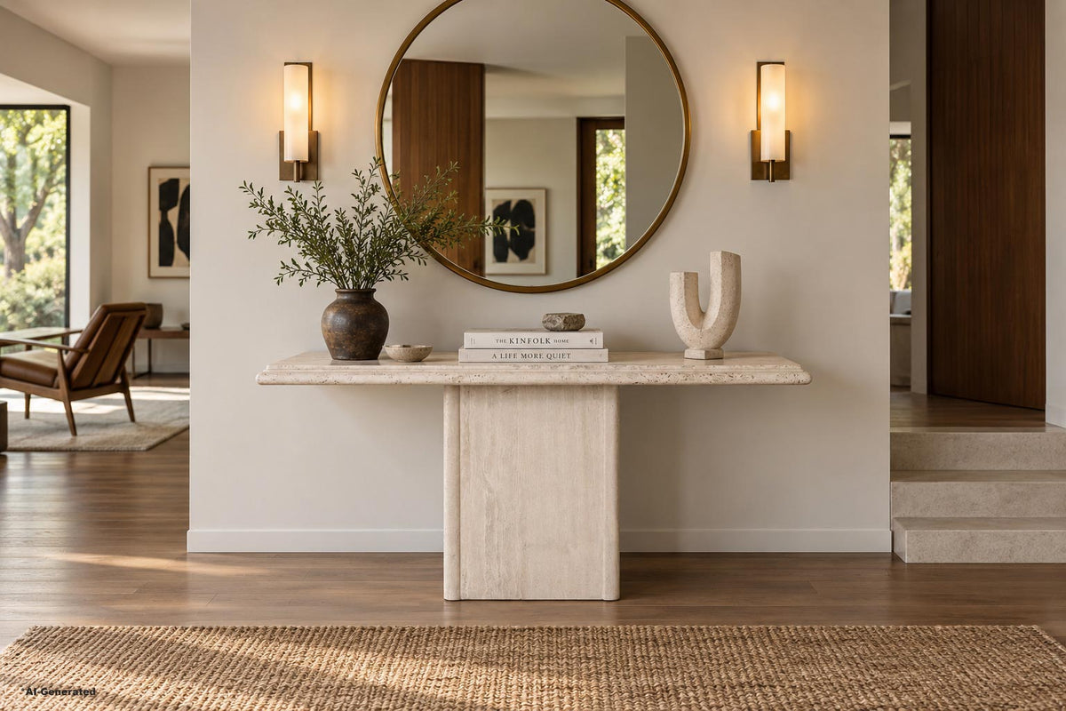 Vintage Italian Postmodern Bullnose Edge Travertine Console Table