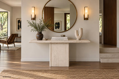 Vintage Italian Postmodern Bullnose Edge Travertine Console Table