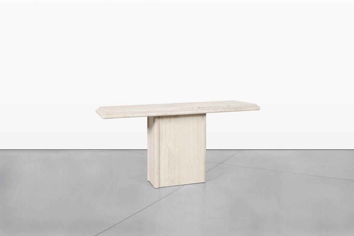 Vintage Italian Postmodern Bullnose Edge Travertine Console Table