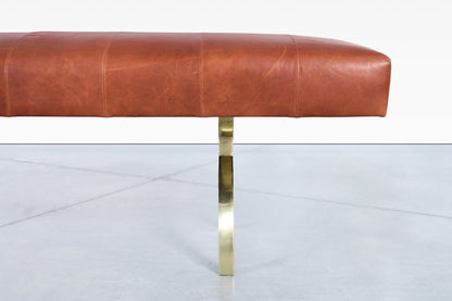 Vintage Leather and Brass Bench