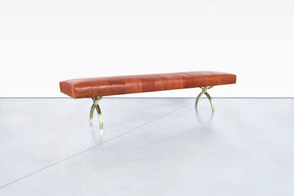 Vintage Leather and Brass Bench