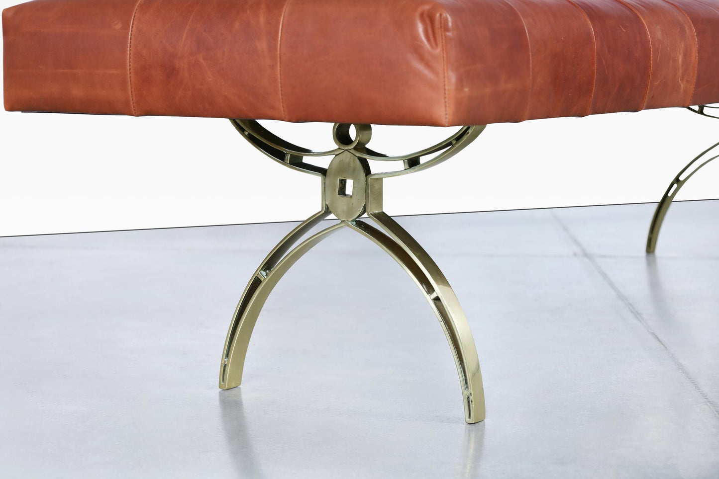 Vintage Leather and Brass Bench