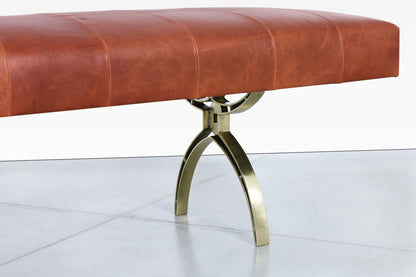 Vintage Leather and Brass Bench