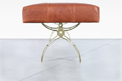 Vintage Leather and Brass Bench