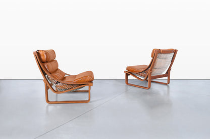 Vintage Leather and Teak T4 Lounge Chairs by Fred Lowen for Tessa