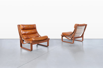 Vintage Leather and Teak T4 Lounge Chairs by Fred Lowen for Tessa
