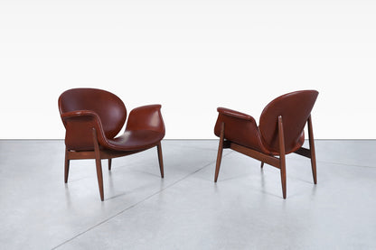 Vintage Leather and Walnut "Swan" Lounge Chairs by Arthur Umanoff