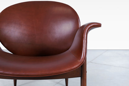 Vintage Leather and Walnut "Swan" Lounge Chairs by Arthur Umanoff