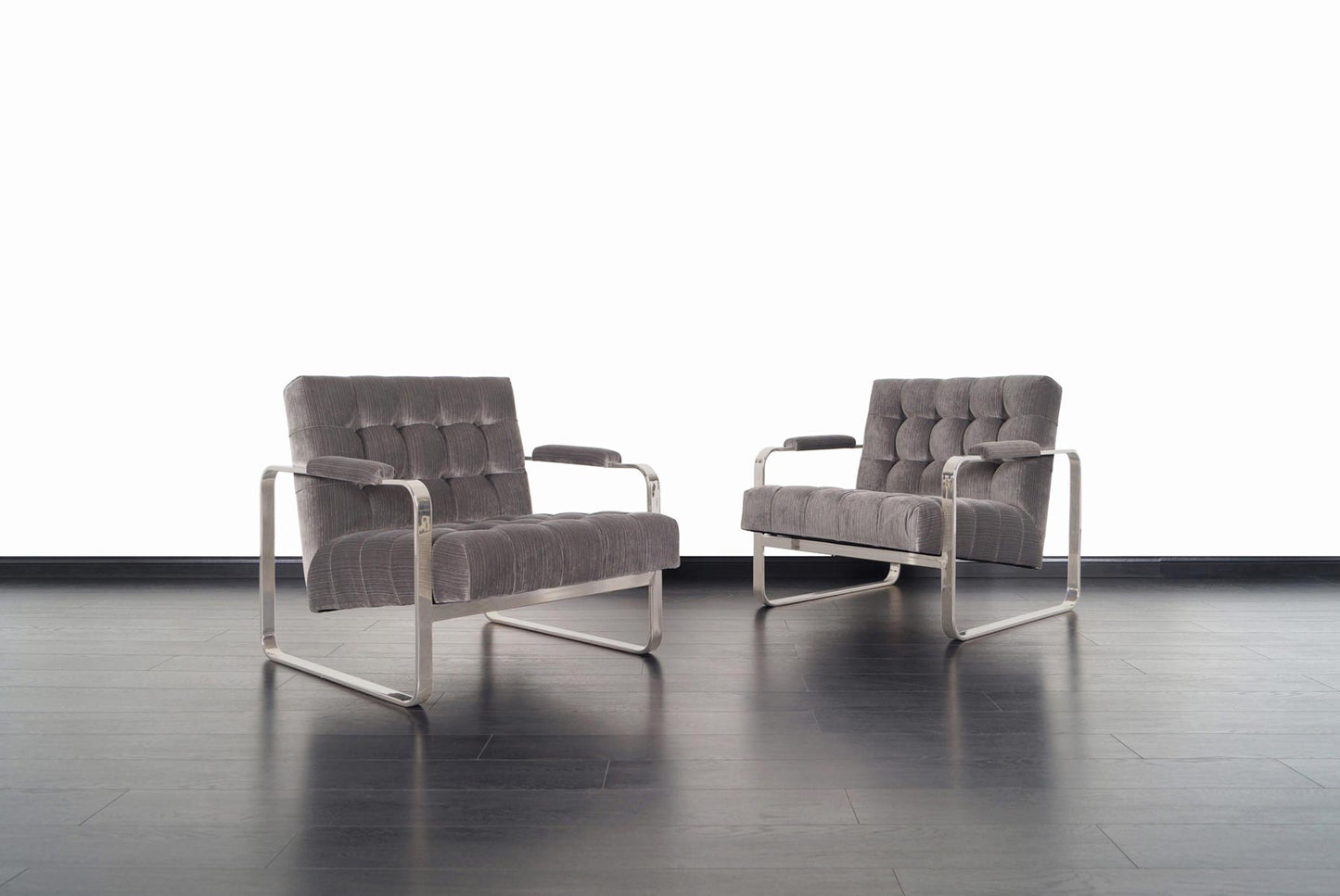 Vintage Nickel Biscuit Tufted Lounge Chairs by Milo Baughman
