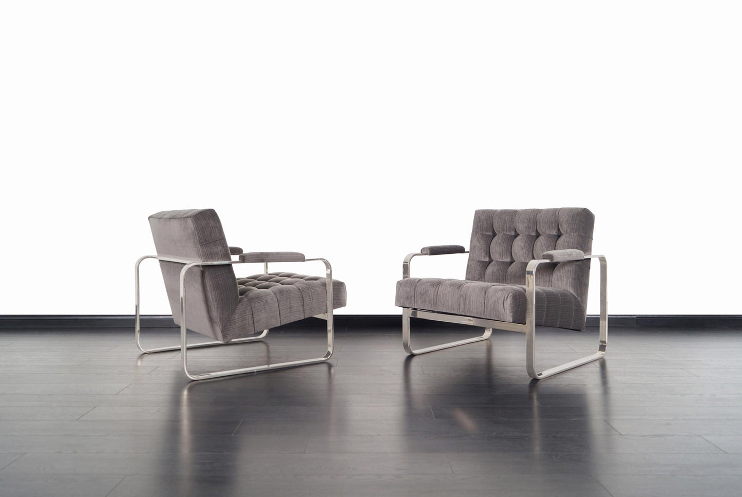 Vintage Nickel Biscuit Tufted Lounge Chairs by Milo Baughman