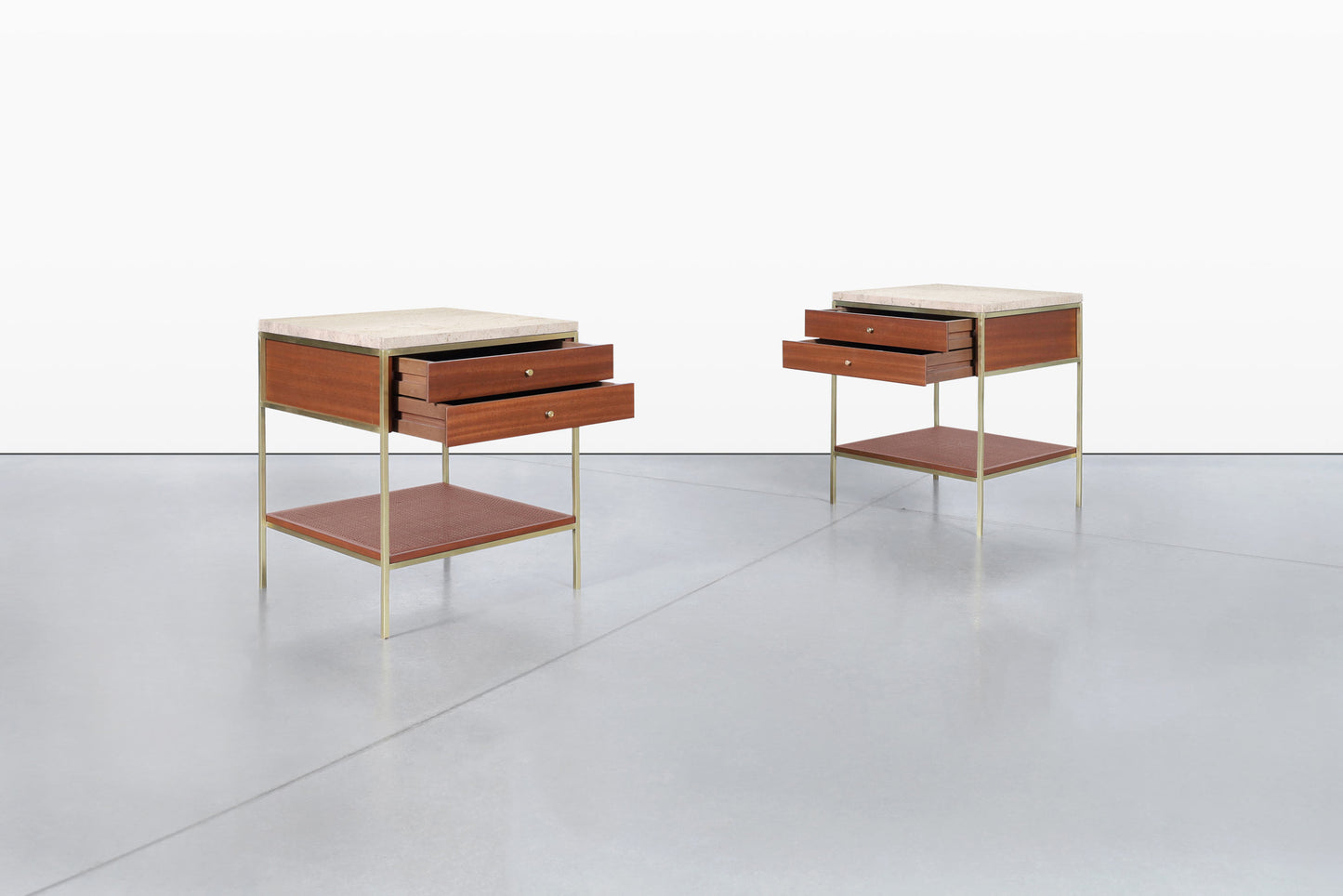 Vintage Travertine and Mahogany “Irwin Collection” Nightstands by Paul McCobb