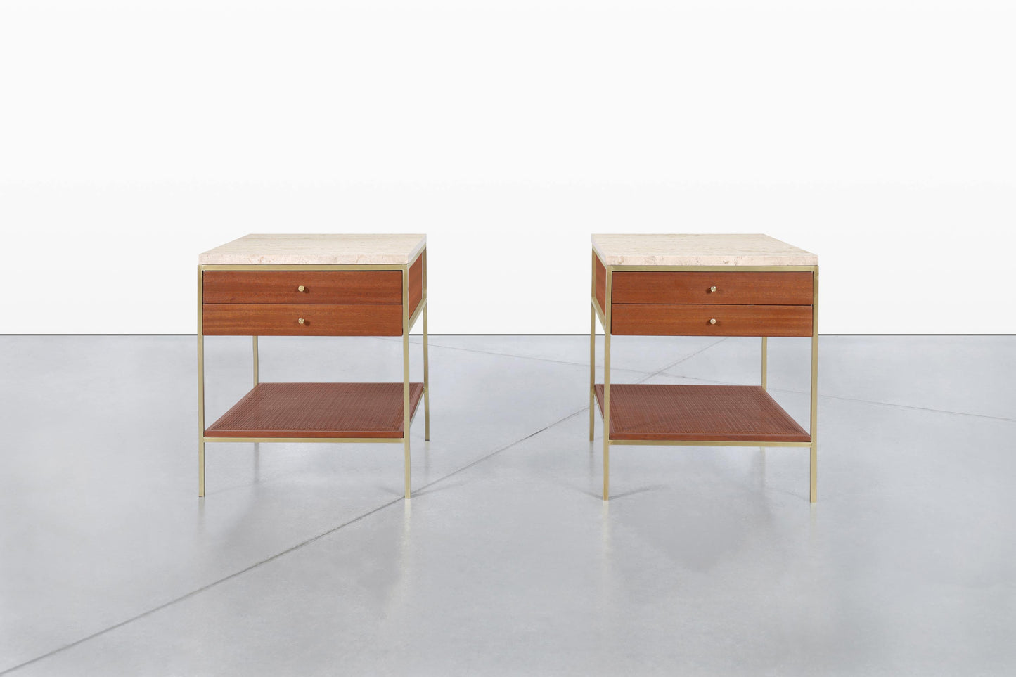Vintage Travertine and Mahogany “Irwin Collection” Nightstands by Paul McCobb
