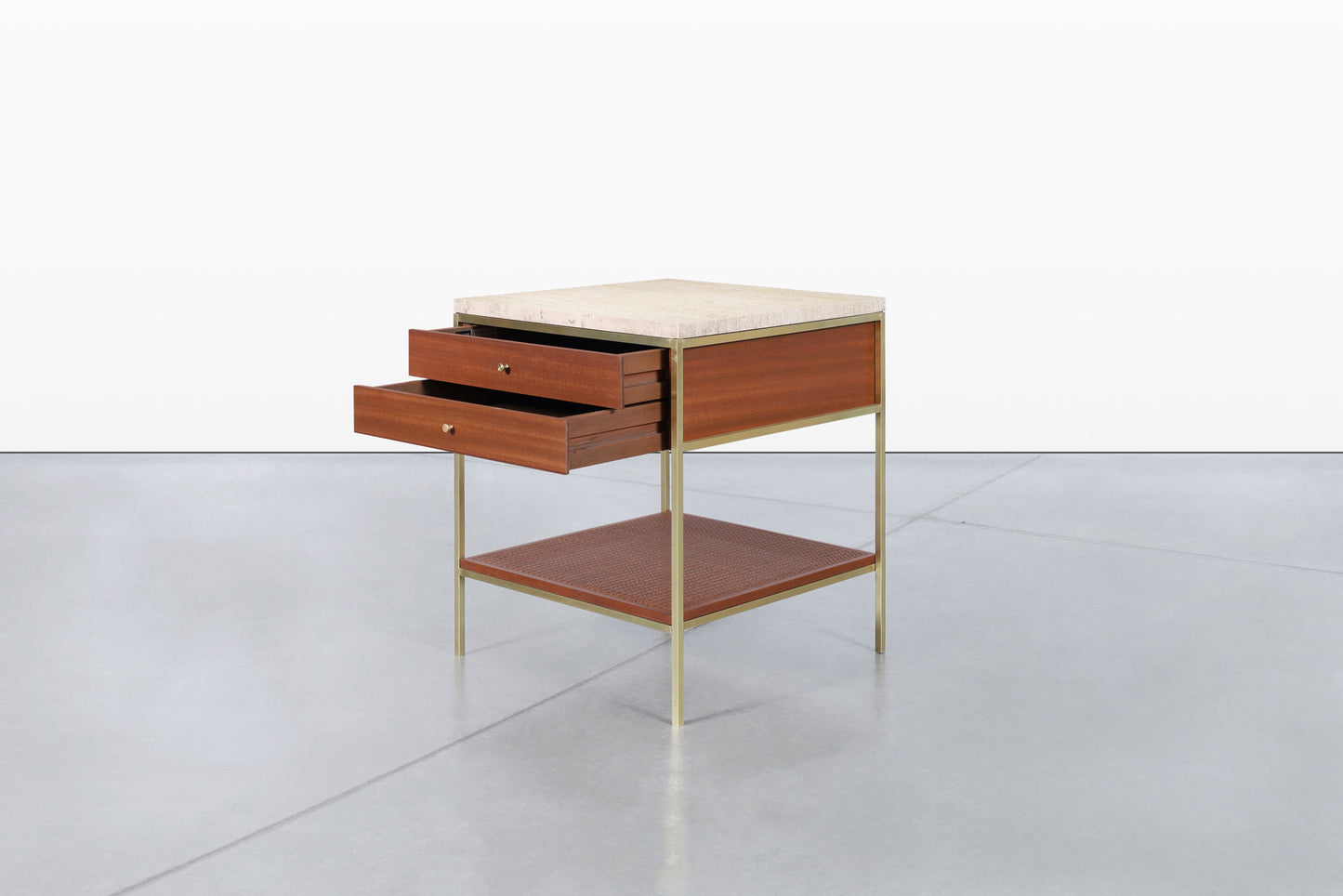 Vintage Travertine and Mahogany “Irwin Collection” Nightstands by Paul McCobb