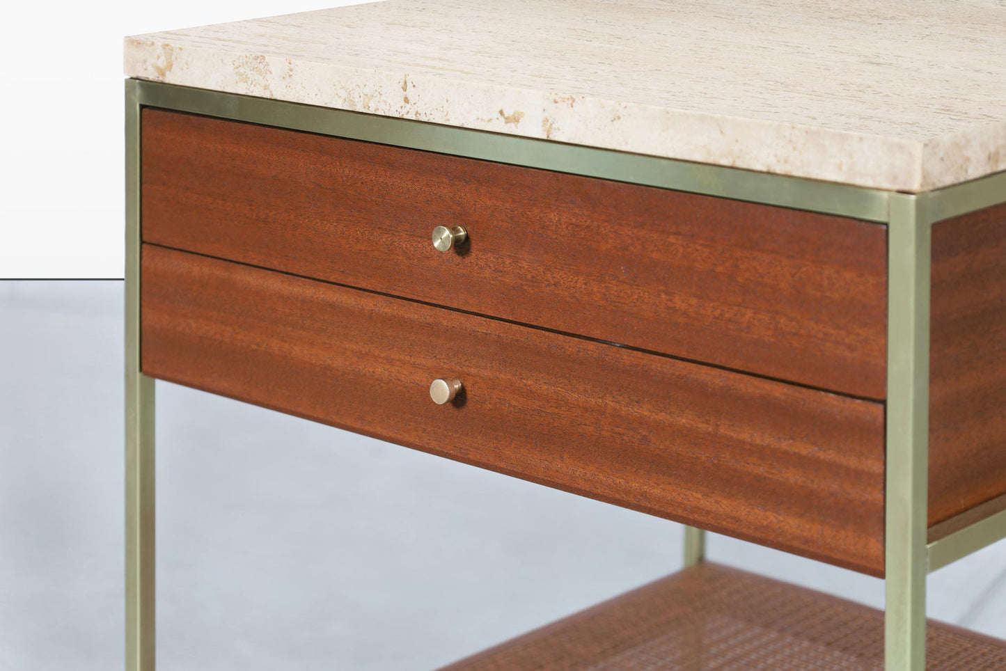 Vintage Travertine and Mahogany “Irwin Collection” Nightstands by Paul McCobb