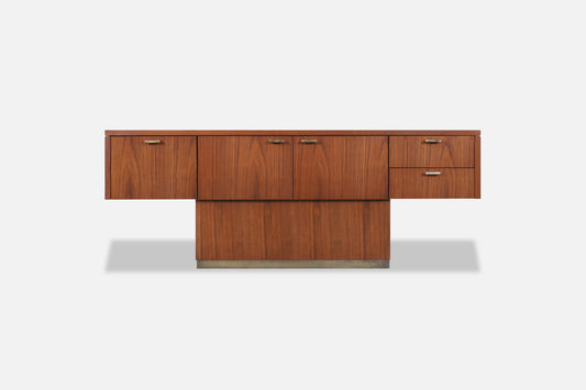 Vintage Walnut and Brass Cantilevered Credenza by Myrtle Desk Co.