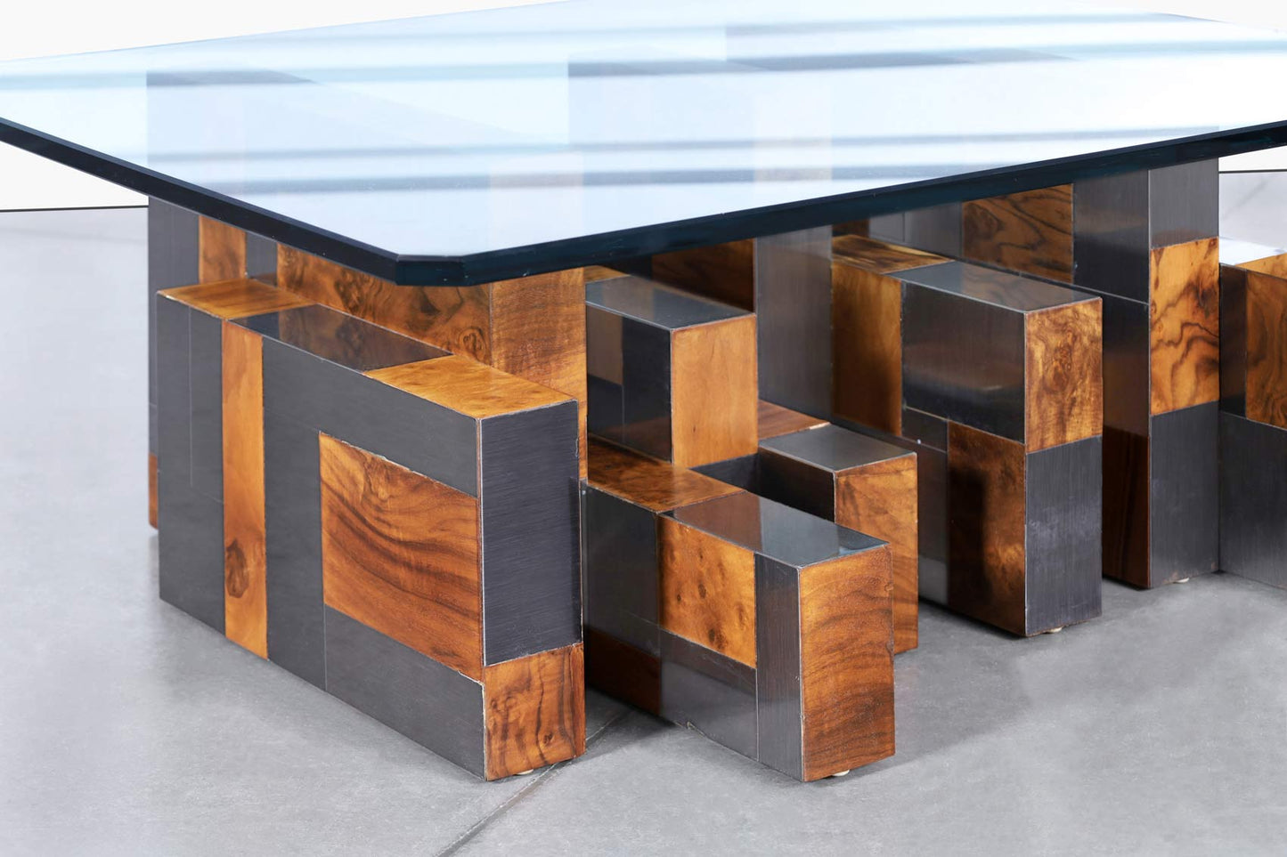 Vintage “Cityscape” Burl and Gunmetal Coffee Table by Paul Evans for Directional