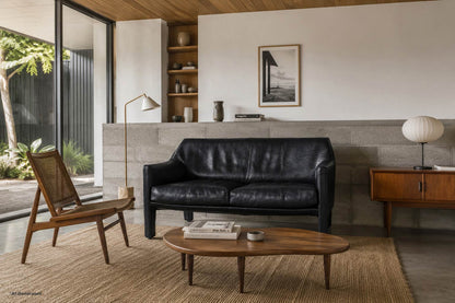 Vintage Black Leather Cab 415 Settee by Mario Bellini for Cassina