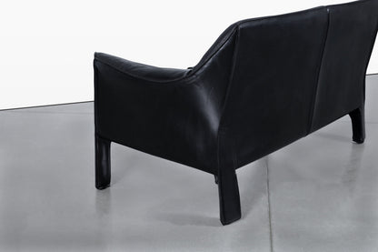 Vintage Black Leather Cab 415 Settee by Mario Bellini for Cassina