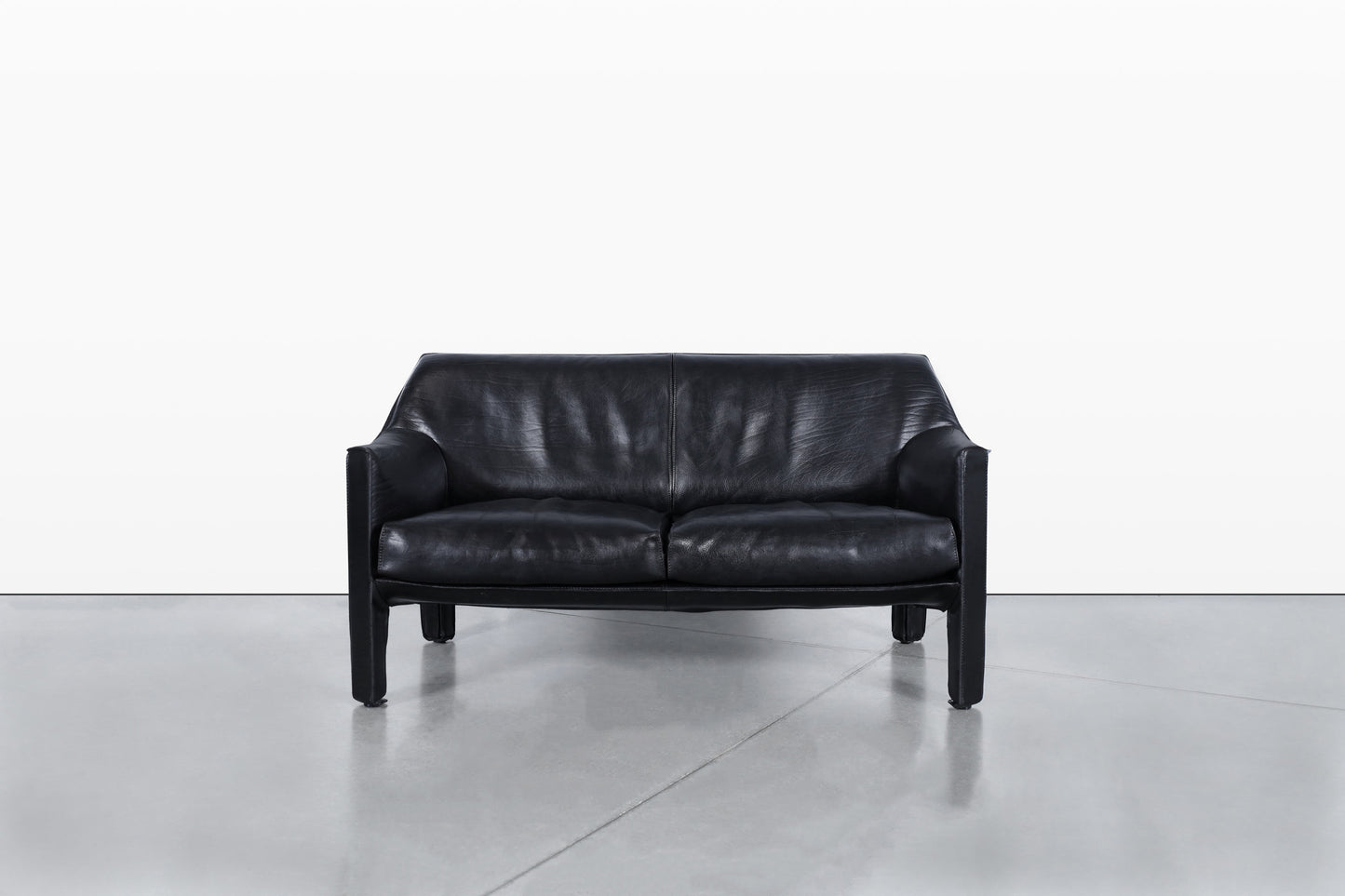Vintage Black Leather Cab 415 Settee by Mario Bellini for Cassina