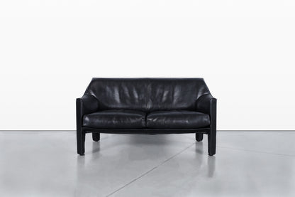 Vintage Black Leather Cab 415 Settee by Mario Bellini for Cassina